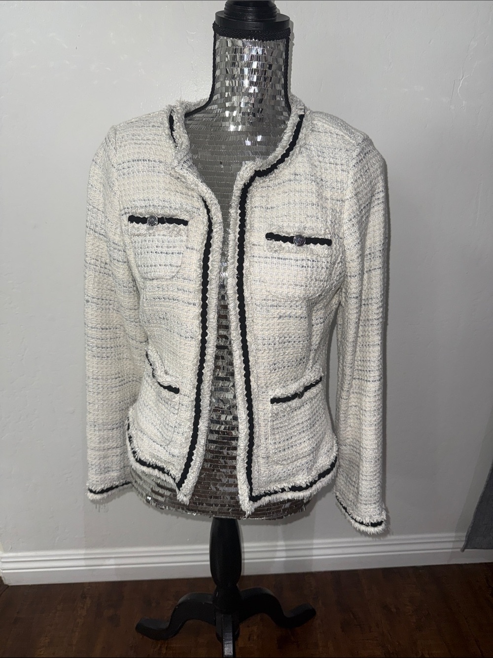 White House Black Market White Tweed Jacket with Black Trim